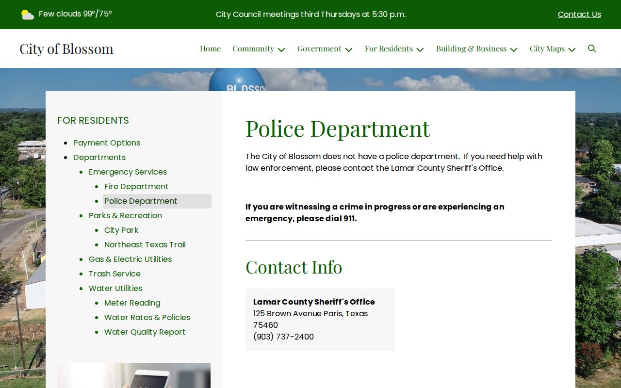 Lamar County booking-record access route shown on the Blossom official police page