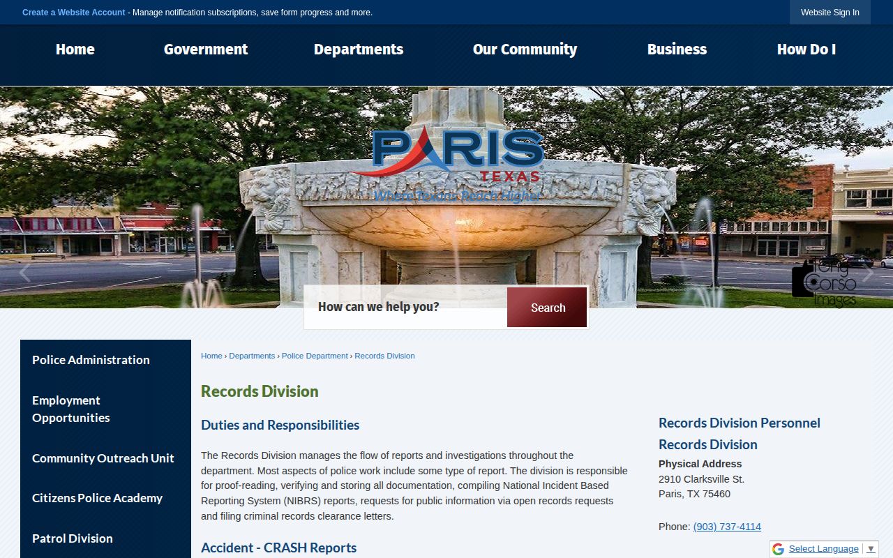 Lamar County Paris Police Records Division page for Paris arrest record requests