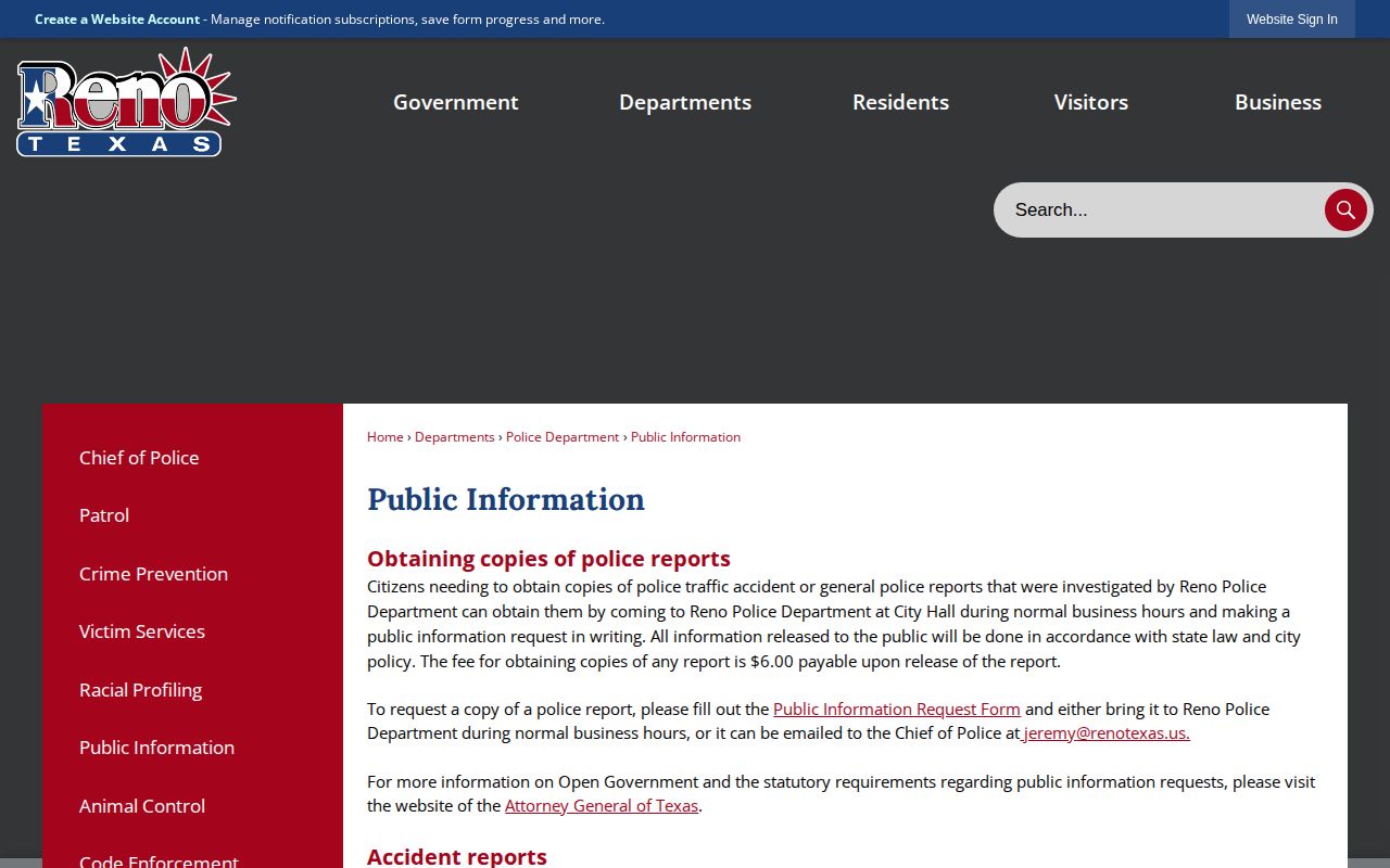 Lamar County Reno Police public information page for Reno arrest record requests